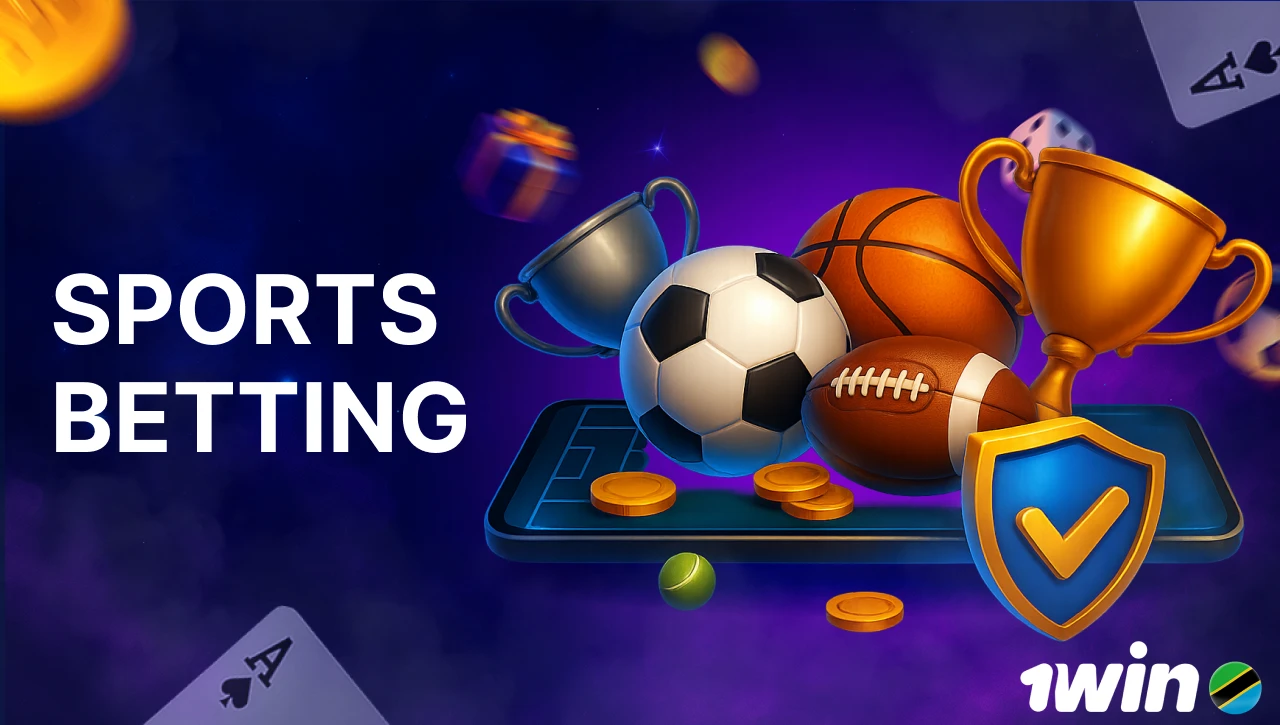 Blue background with pink-purple smoke, text "Sports Betting" on the left, 3D icon of a smartphone with sports equipment like trophies and balls on the right, with floating coins, gifts, confetti, dice, and playing cards