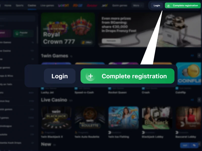 Screenshot of the 1Win registration form on the official website, with registration button