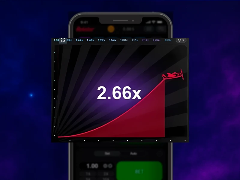 Blue smoky background, smartphone in the center displaying the Aviator game with the plane taking off and the payout ratio visible