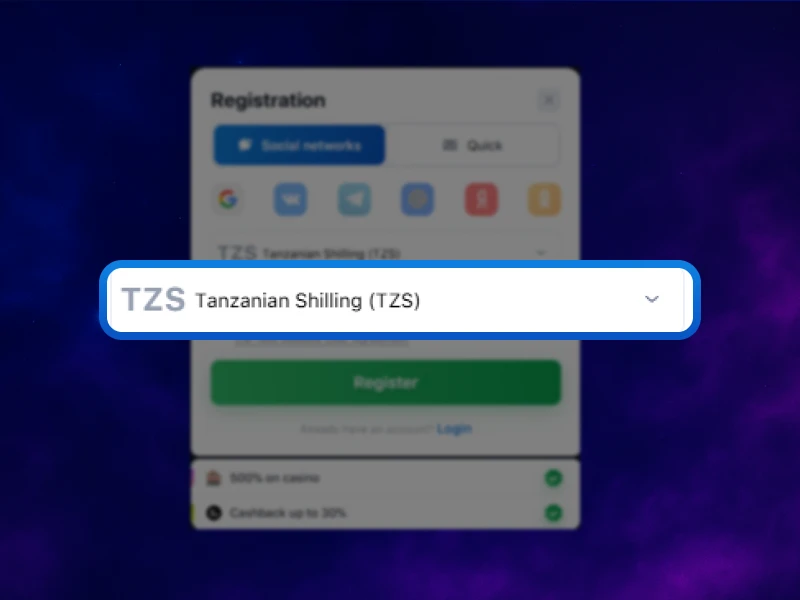 Screenshot of the 1Win registration form with fields for entering details and selecting Tanzanian Shilling as currency